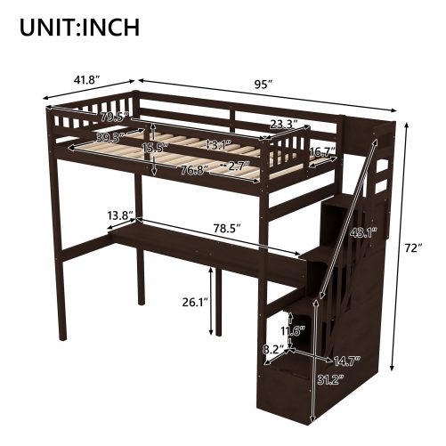Twin Size Loft Bed with Storage Staircase and Built-in Desk