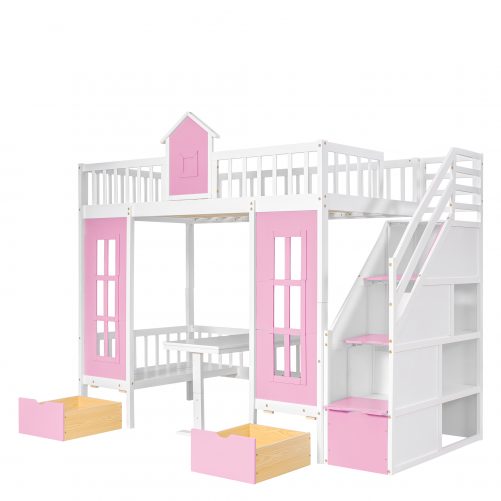 Twin Over Twin Bunk Bed With Changeable Table, Bunk Bed Turn Into Upper Bed And Down Desk With 2 Drawers