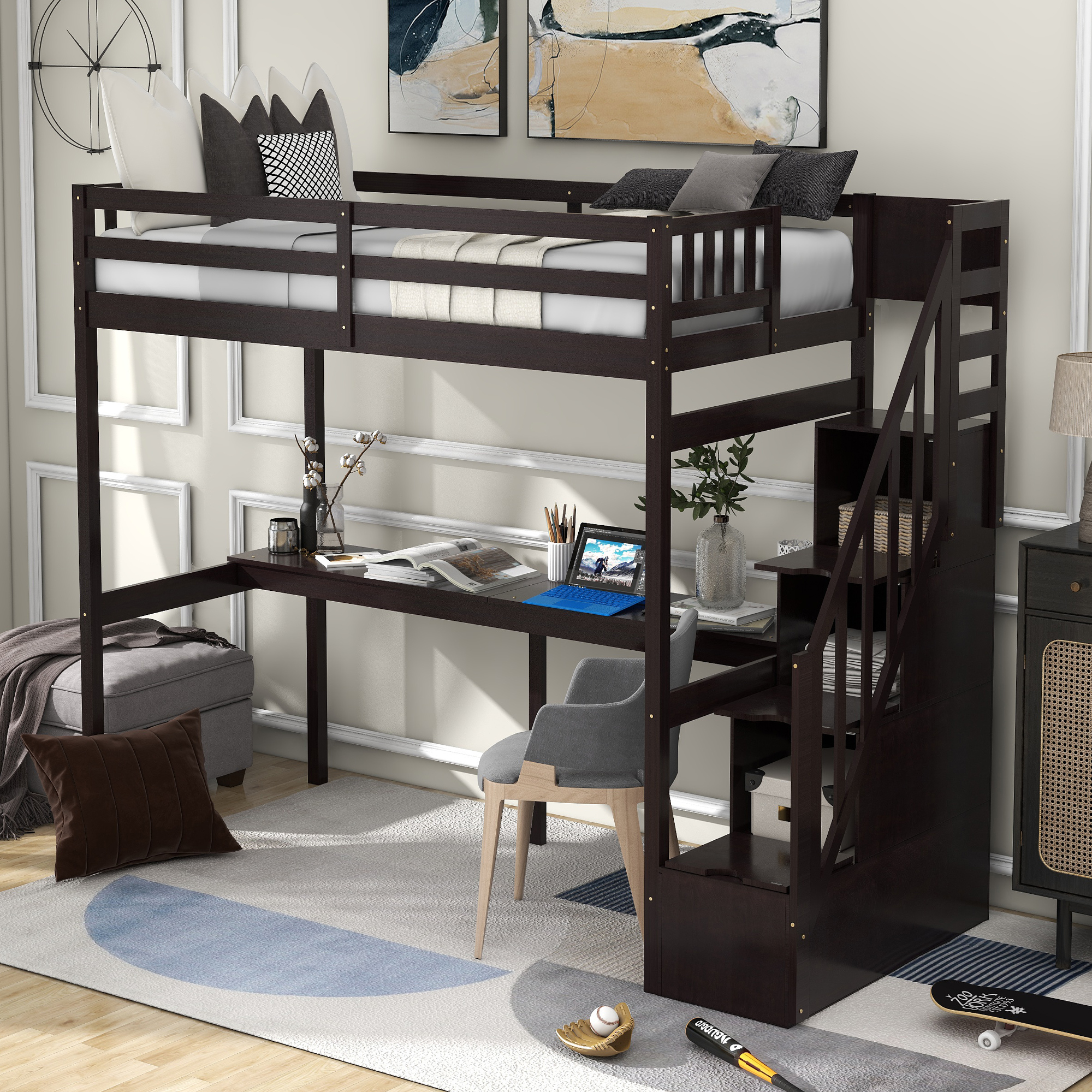 Twin Size Loft Bed with Storage Staircase and Built-in Desk