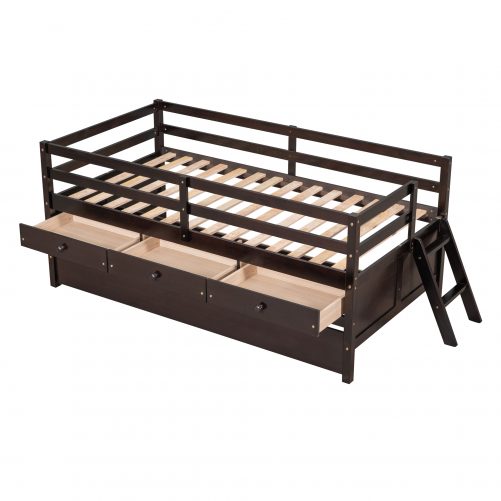 Low Twin Size Loft Bed With Full Safety Fence, Storage Drawers And Trundle