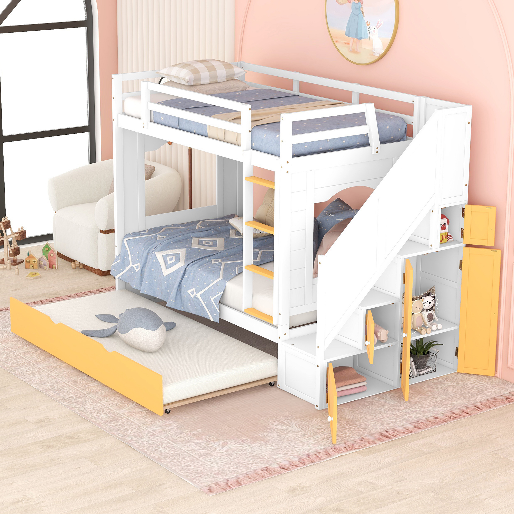 Solid Wood Twin Over Twin Bunk Bed With Trundle, Stairscase, and Ladders