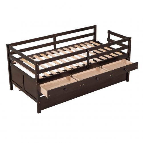 Low Twin Size Loft Bed With Full Safety Fence, Storage Drawers And Trundle