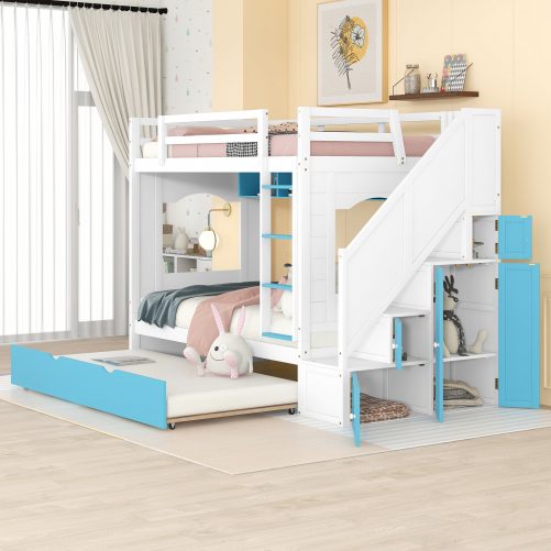 Solid Wood Twin Over Twin Bunk Bed With Trundle, Stairscase, and Ladders