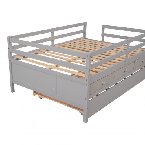 Low Full Size Loft Bed With Full Safety Fence, Storage Drawers And Trundle