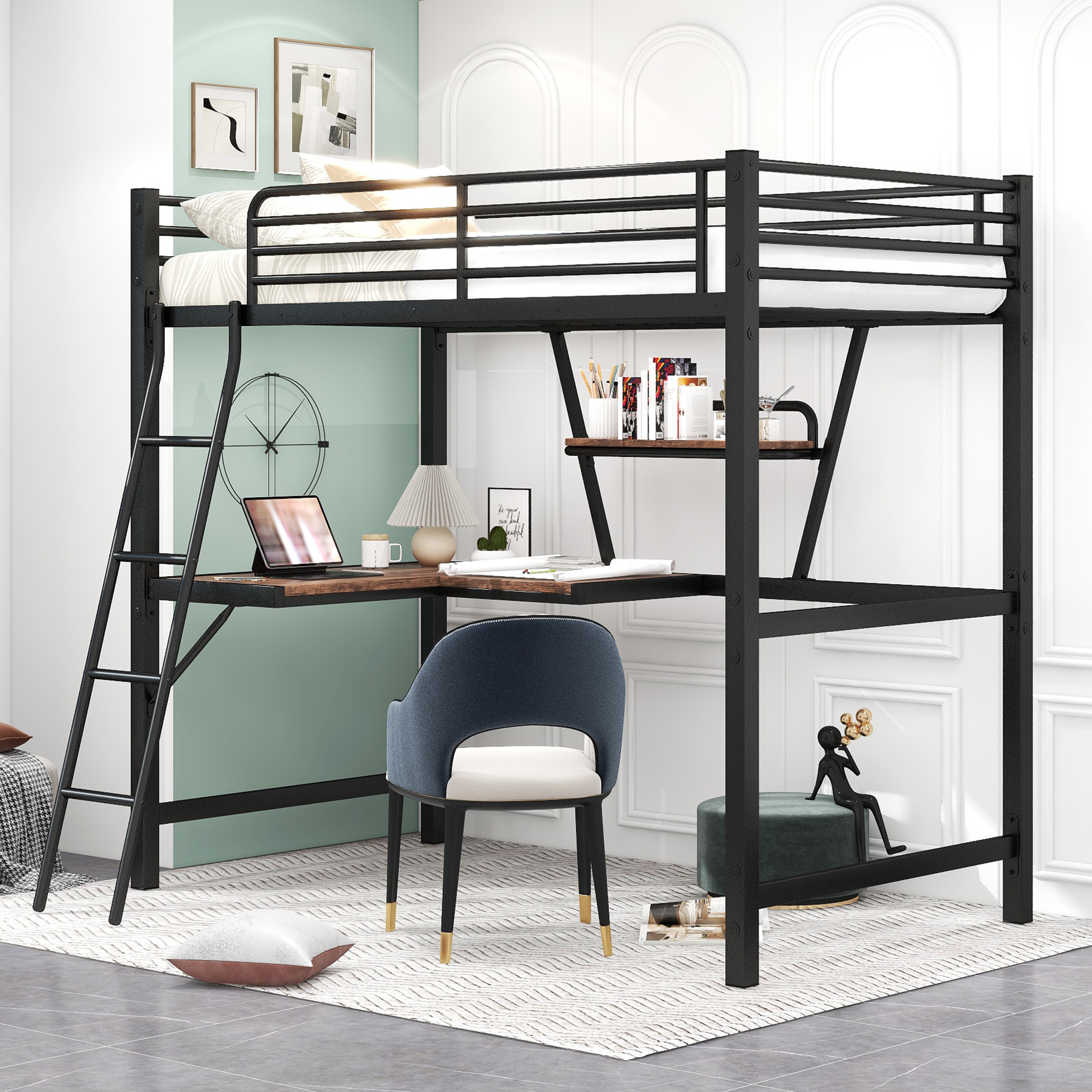 Metal&MDF Twin Size Loft Bed With Desk And Shelf