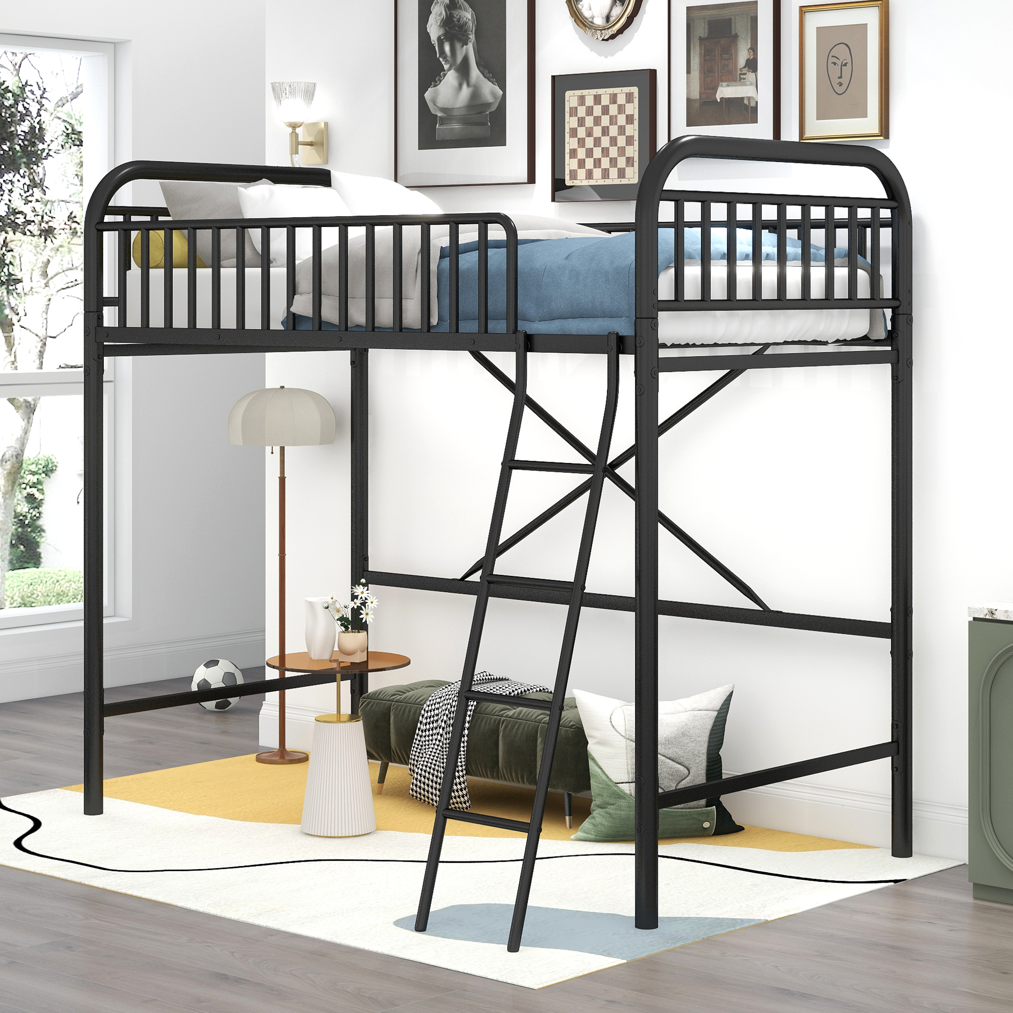 Metal Twin Size Loft Bed, No Box Spring Needed