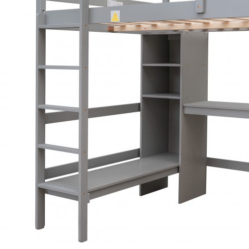 Full Size Loft Bed with Storage Shelves and Under-bed Desk