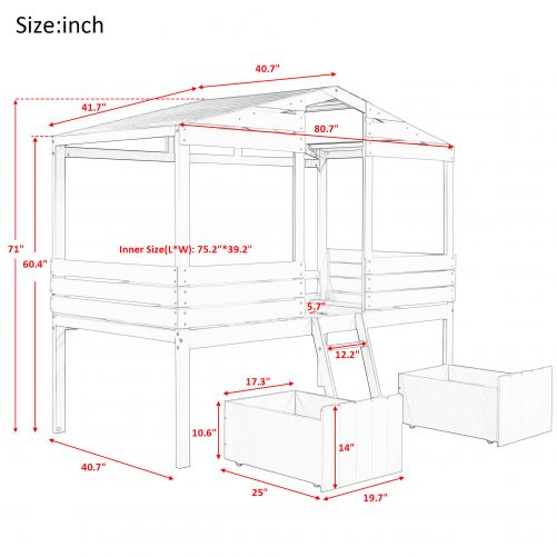 House Shape Twin Size Low Loft Bed With Two Drawers