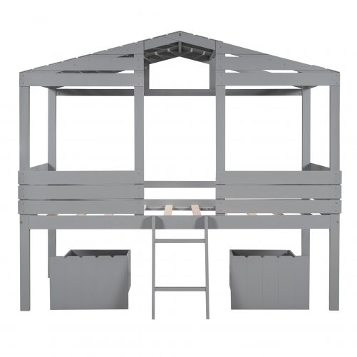 House Shape Twin Size Low Loft Bed With Two Drawers