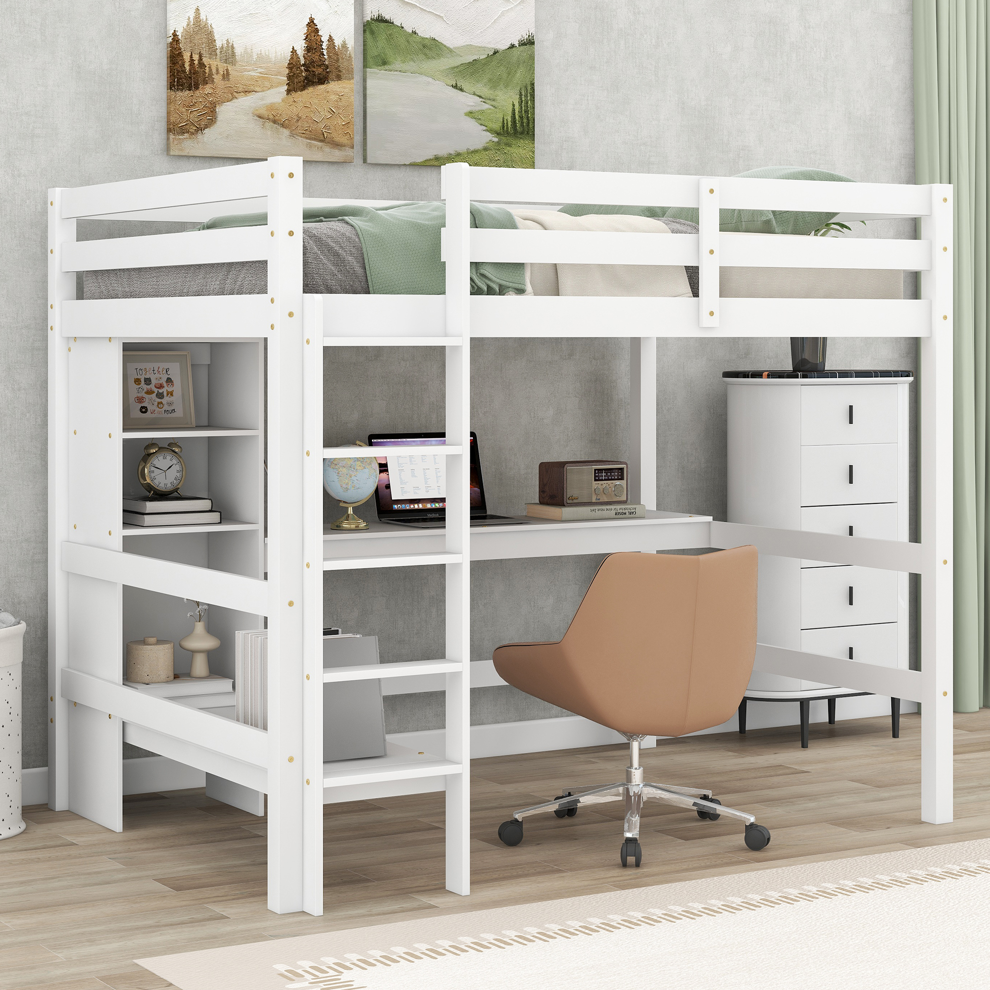 Full Size Loft Bed with Storage Shelves and Under-bed Desk
