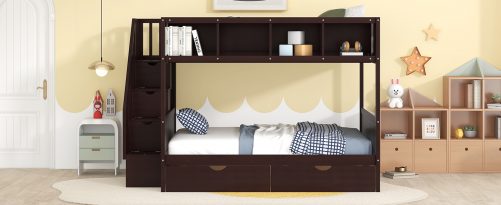Wooden Twin over Full Bunk Bed with Shelfs, Storage Staircase and 2 Drawers