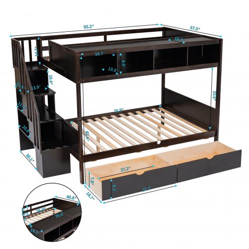Wooden Twin over Full Bunk Bed with Shelfs, Storage Staircase and 2 Drawers