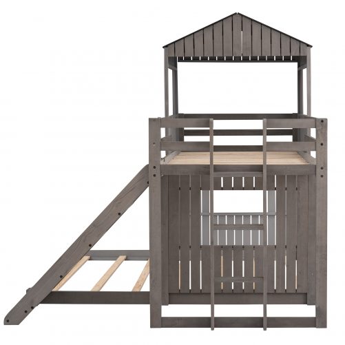 Twin Over Full Bunk Bed With Playhouse, Ladder, Slide And Guardrails