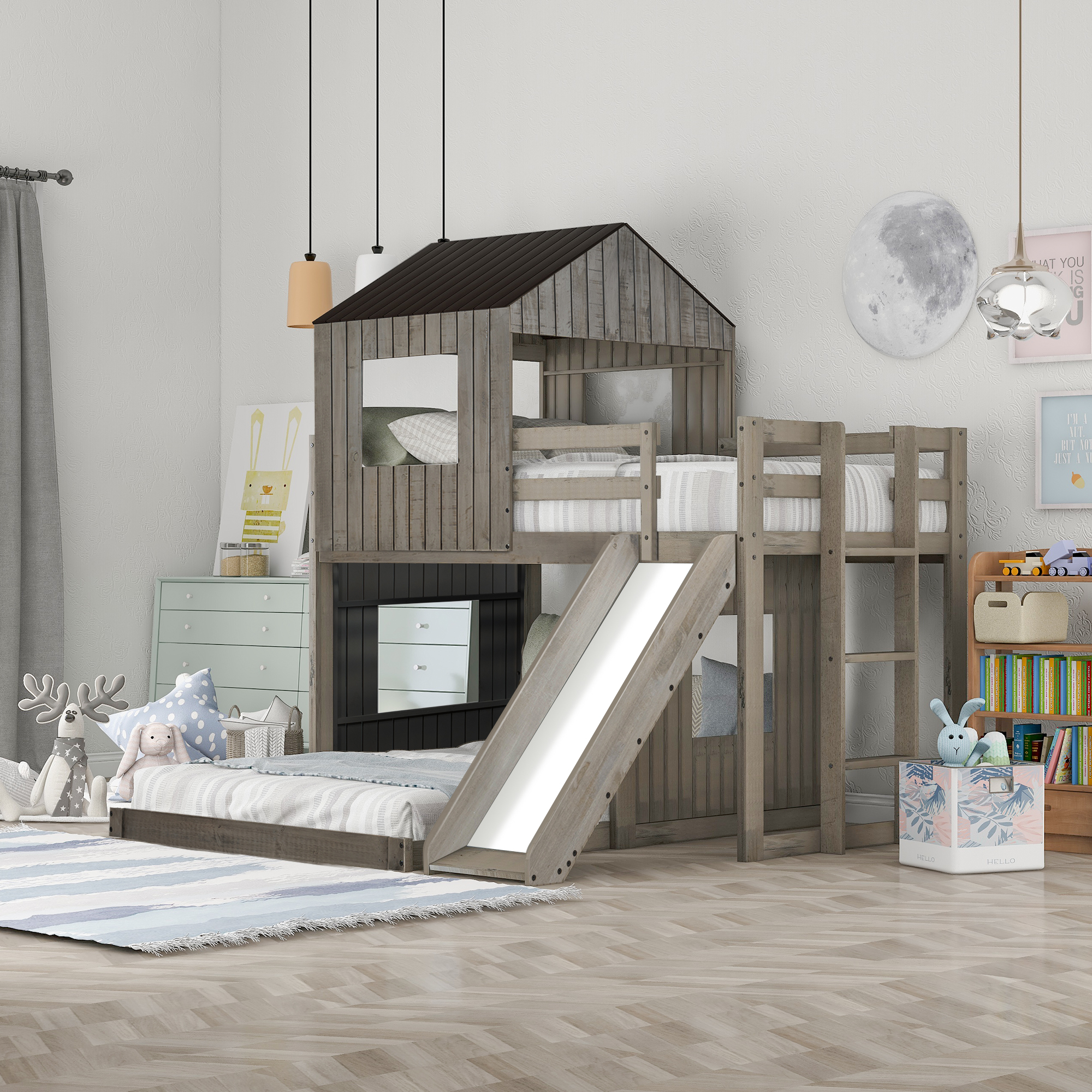 Twin Over Full Bunk Bed With Playhouse, Ladder, Slide And Guardrails