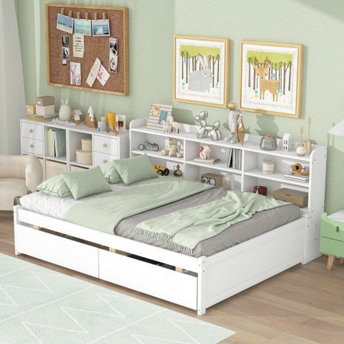 Wooden Full Daybed With Side Bookcase and Drawers