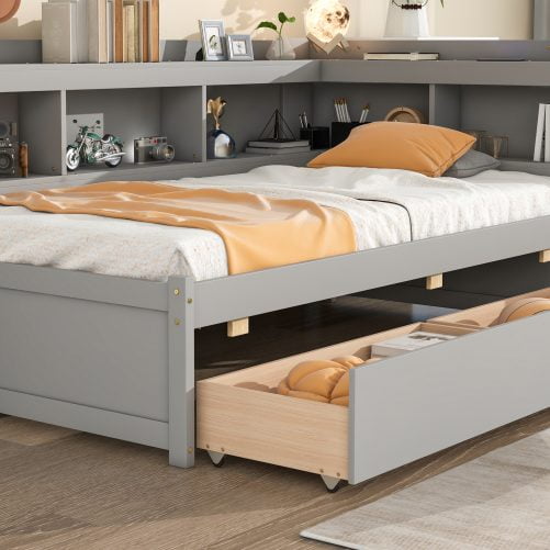 Twin Size Daybed with L-Shaped Bookcases, and Drawers