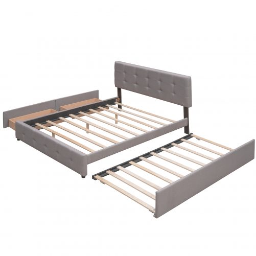Queen Size Upholstered Platform Bed With 2 Drawers And 1 Twin Xl Trundle