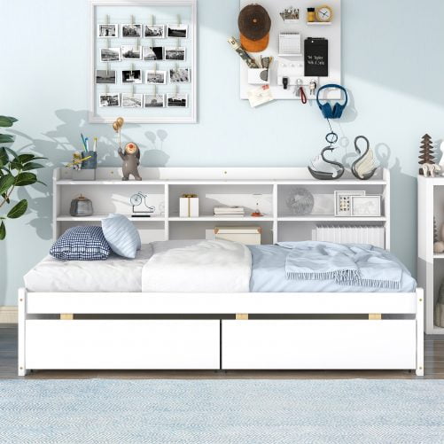 Wooden Twin Daybed With Side Bookcase and Drawers