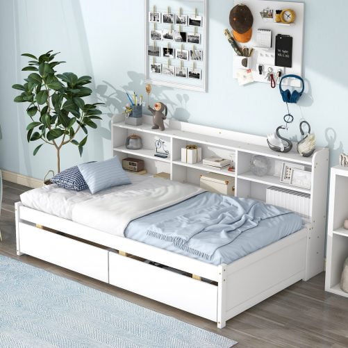 Wooden Twin Daybed With Side Bookcase and Drawers