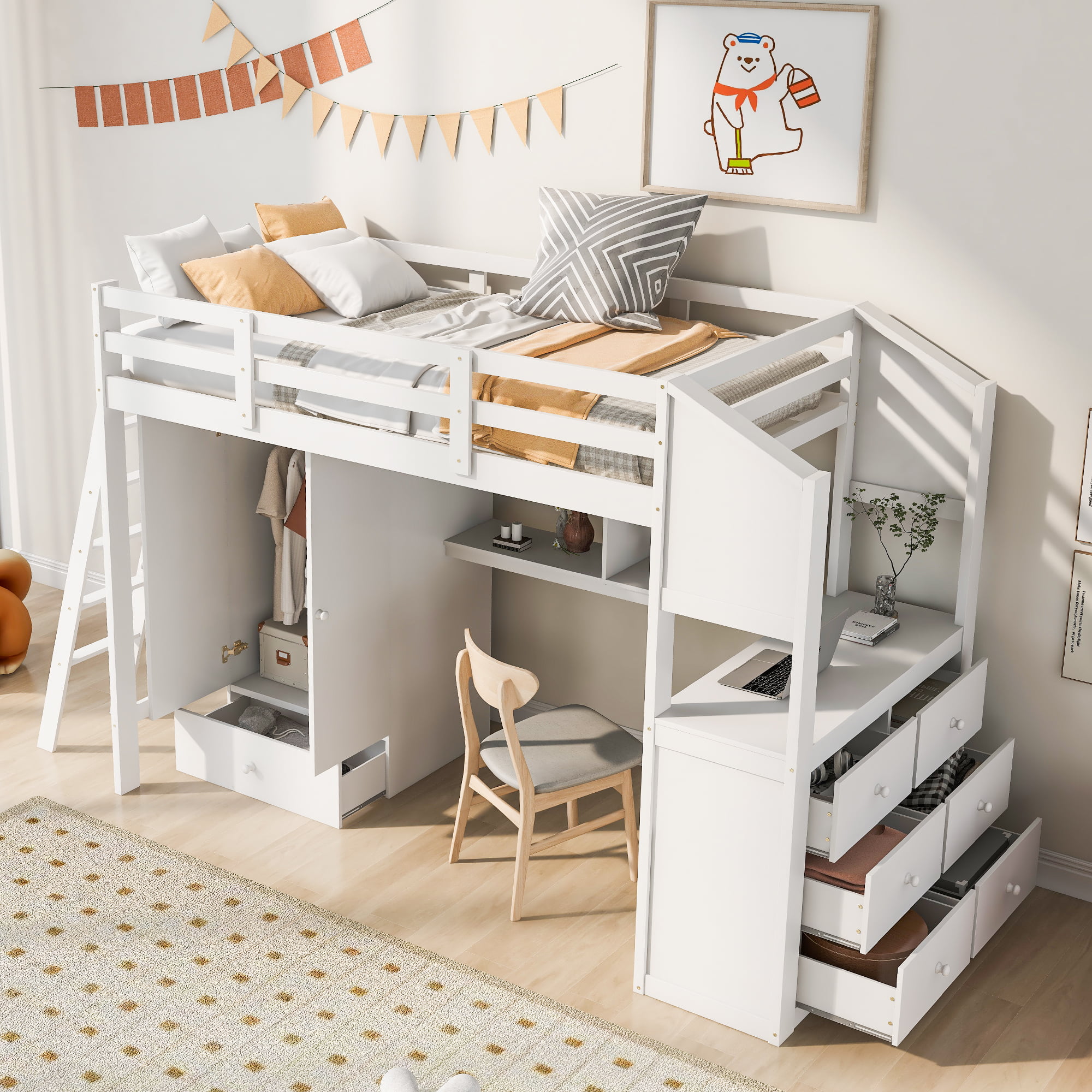 Twin Size Loft Bed With Wardrobe And Drawers, Attached Desk With Shelves