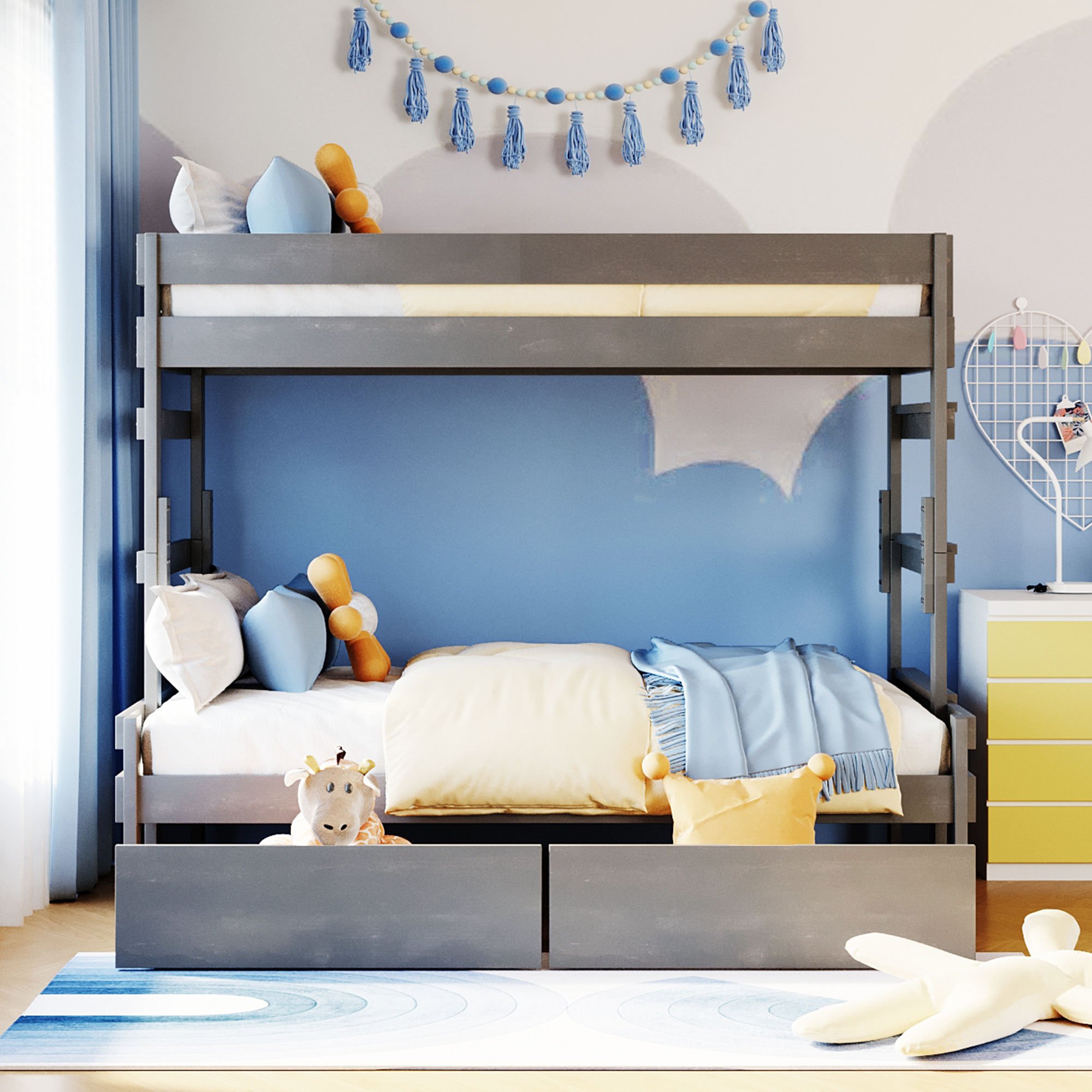 Wooden Twin Over Full Bunk Bed With 2 Drawers