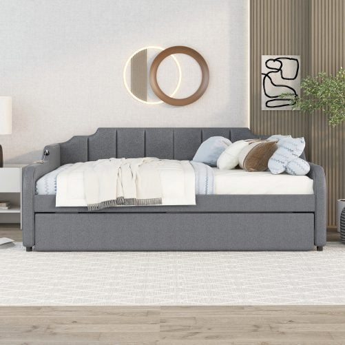 Full Size Upholstery Daybed with Trundle and USB Charging Design
