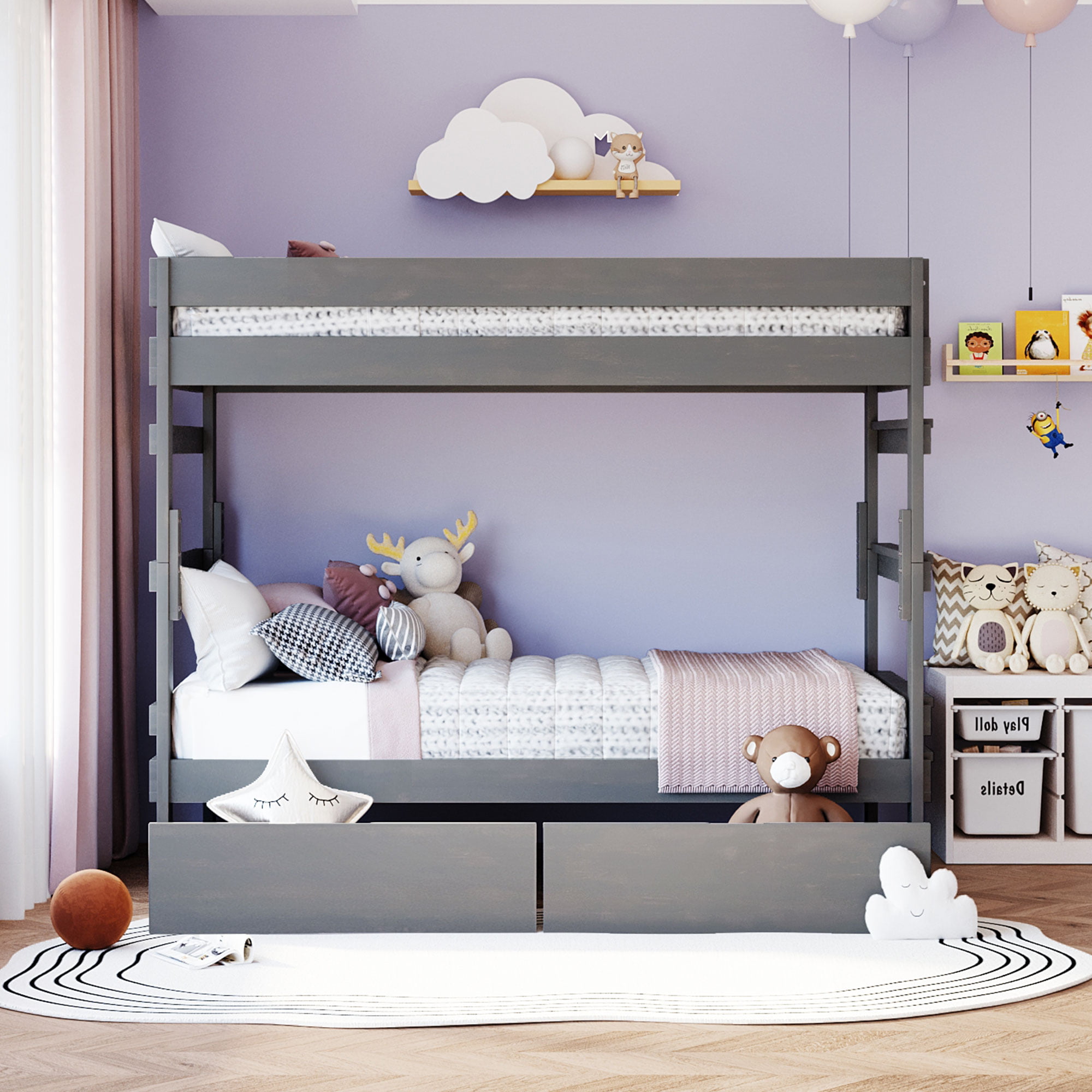 Wooden Twin Over Twin Bunk Bed With 2 Drawers