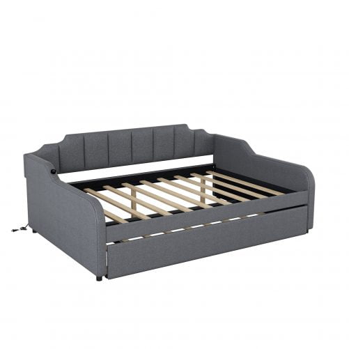 Full Size Upholstery Daybed with Trundle and USB Charging Design