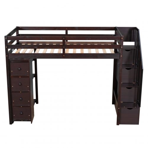 Twin Size Loft Bed With Storage Drawers And Stairs, and Shelves
