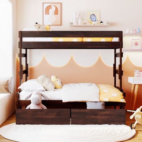 Wooden Twin Over Full Bunk Bed With 2 Drawers