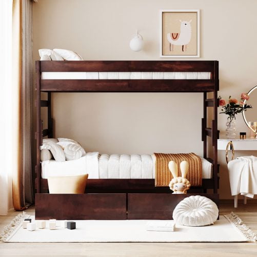 Wooden Twin Over Twin Bunk Bed With 2 Drawers