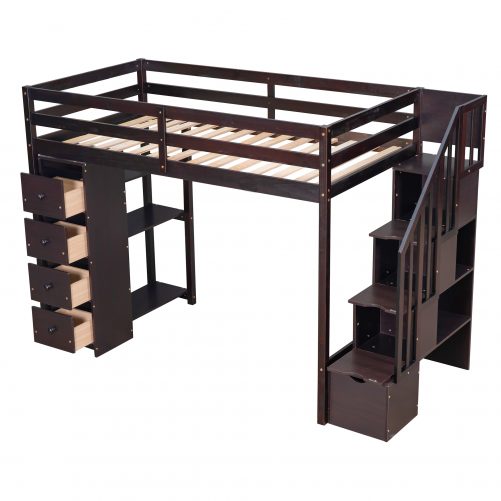 Twin Size Loft Bed With Storage Drawers And Stairs, and Shelves