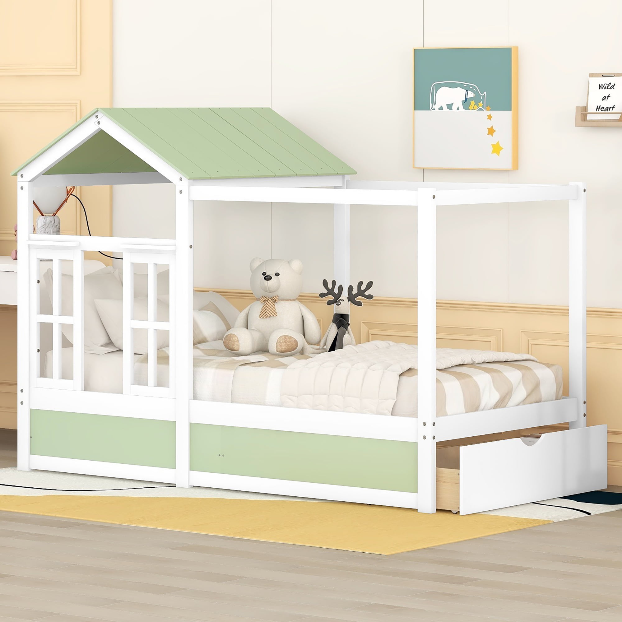 Twin Size House Bed With Roof, Window And Drawer
