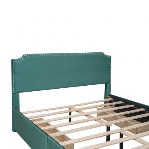 Upholstered Platform Bed With Stud Trim Headboard And Footboard And 4 Drawers
