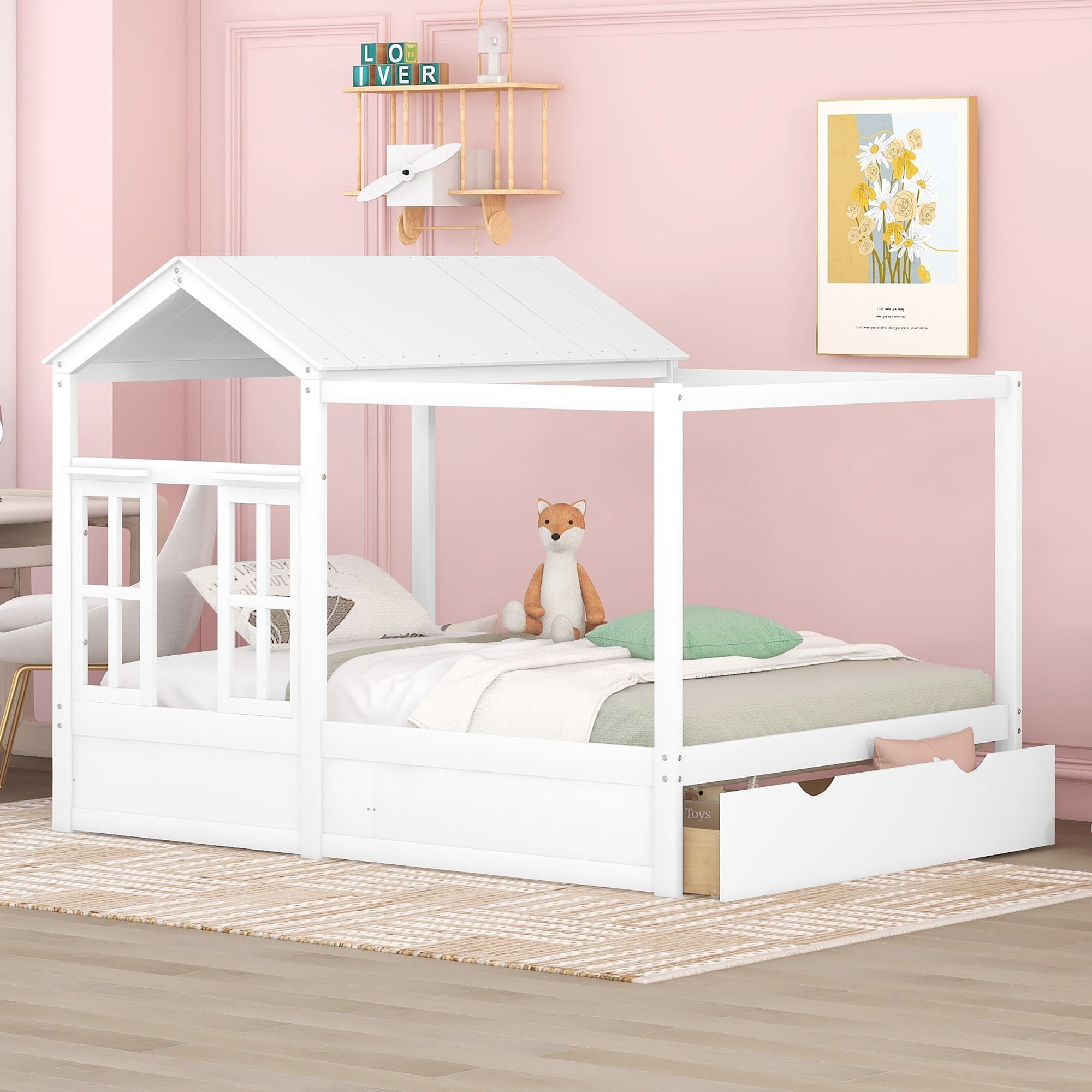 Full Size House Bed With Roof, Window And Drawer