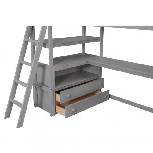 Twin Size Loft Bed With Desk And Shelves, 2 Built-in Drawers