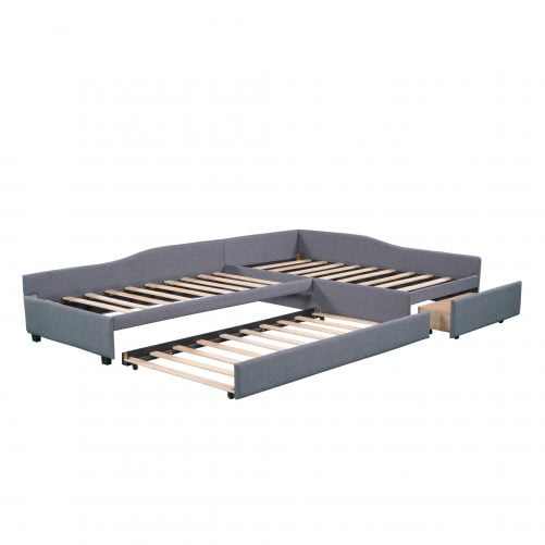 Upholstered Double Twin Size Daybed with Trundle and Drawer
