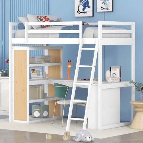 Wood Twin Size Loft Bed With Ladder, Shelves, And Desk