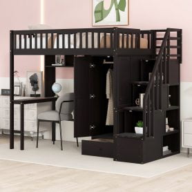 Twin size Loft Bed with Bookshelf,Drawers,Desk,and Wardrobe
