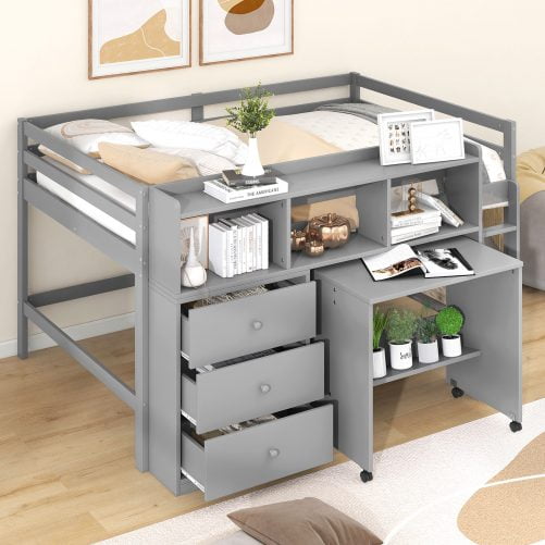 Full Size Low Loft Bed with Rolling Portable Desk, Drawers and Shelves