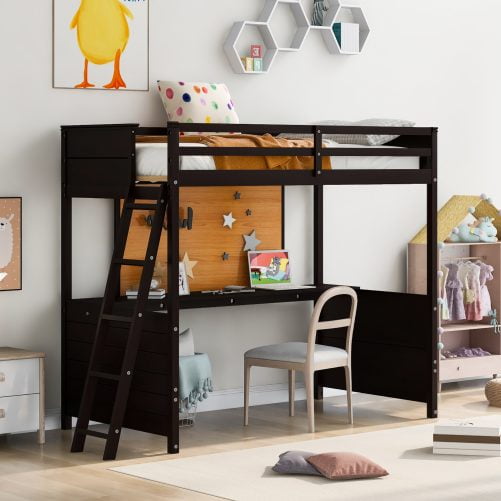 Wooden Twin Size Loft Bed With Desk And Writing Board