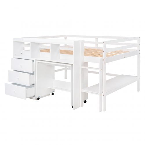 Full Size Low Loft Bed with Rolling Portable Desk, Drawers & Shelves