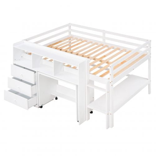 Full Size Low Loft Bed with Rolling Portable Desk, Drawers & Shelves
