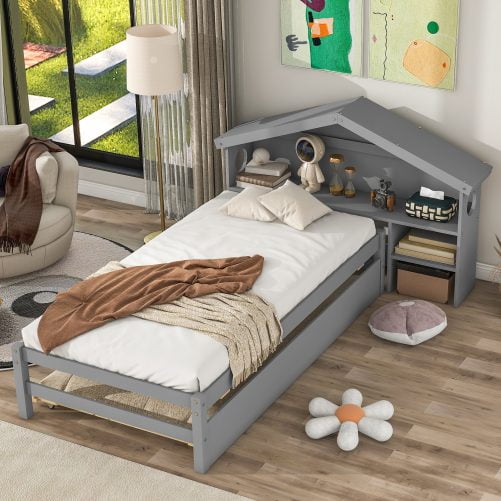 House Shape Twin Size Bed With Bedside Table, Trundle