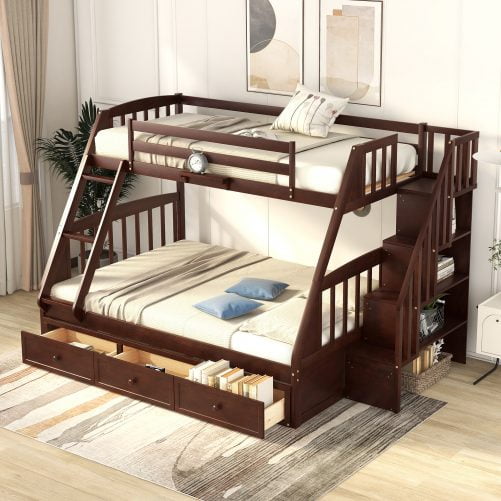 Twin over Full Bunk Bed With Drawers, Ladder and Storage Staircase