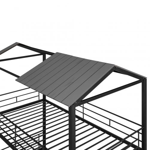 Metal Twin Over Twin Bunk Bed with Half Roof, Guardrail and Ladder