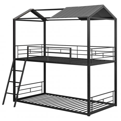 Metal Twin Over Twin Bunk Bed with Half Roof, Guardrail and Ladder