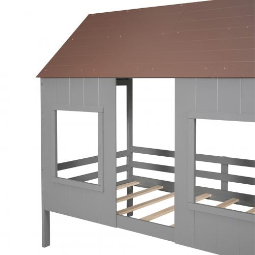 Wood House Twin Size Low Loft Bed With Two Front Windows