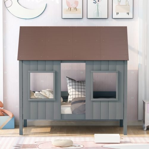 Wood House Twin Size Low Loft Bed With Two Front Windows