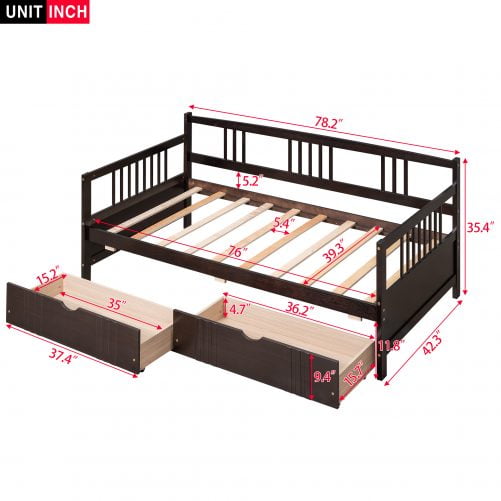 Wood Twin Size Daybed Bed With Two Drawers